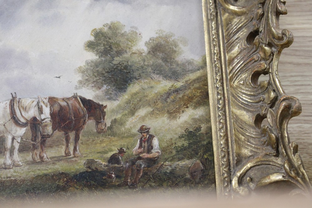 Henry Earp Snr. (1831-1914) oil on panel, Plough horses at rest, signed, 18 x 28.5cm